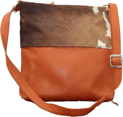 Orange Leather Bag For Women – Aesthetic Hair On Leather Sling Bag With Adjustable Strap – Brown and White Animal Accent – 13.5 x 11.5 Inches Crossbody Bag