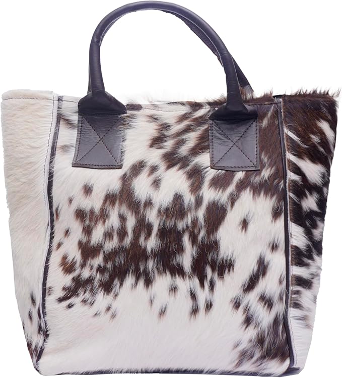 Hand Bag Leather Tote Bags For Women – Aesthetic Hand Bags For Women – Hair On Leather Tote Bag – Brown and White Animal Accent Design – 12 x 11.25 Inches Large Hand Bag