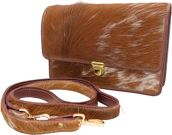 Minibag Leather Bag For Women – Aesthetic Hair On Leather Bag With Long Detachable Strap – Brown and White Animal Accent Design – 6.5 x 9.5 Inches Crossbody Bag
