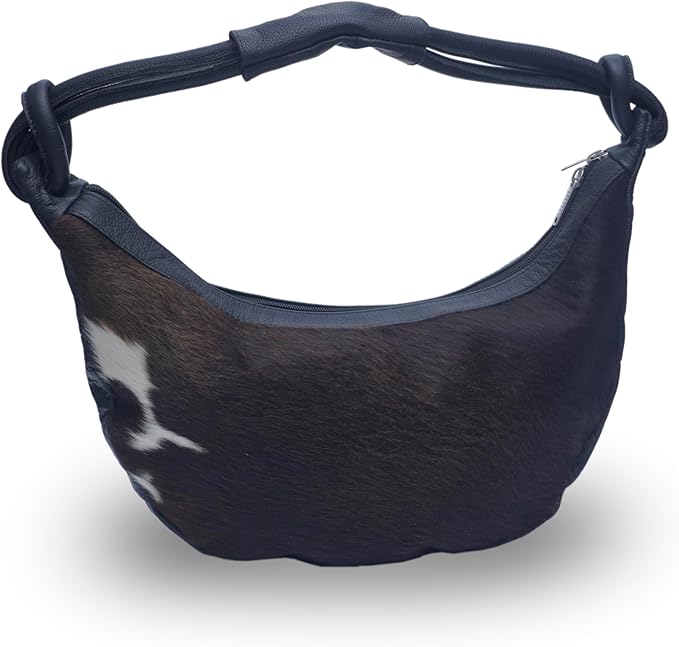 Mini Black Leather Bag For Women – Aesthetic Hair On Leather Bag For Women – Brown and White Animal Accent Design – 18 x 10 Inches Hand Bag