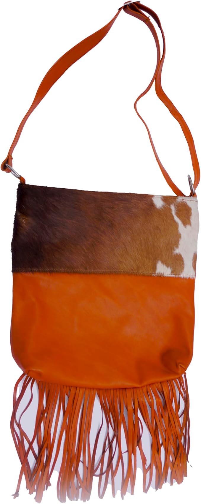 Orange Leather Bag For Women – Aesthetic Hair On Leather Sling Bag With Adjustable Strap – Brown and White Animal Accent – 13.5 x 11.5 Inches Crossbody Bag