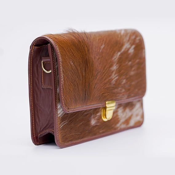 Minibag Leather Bag For Women – Aesthetic Hair On Leather Bag With Long Detachable Strap – Brown and White Animal Accent Design – 6.5 x 9.5 Inches Crossbody Bag