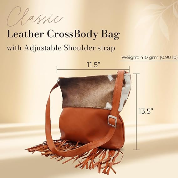 Orange Leather Bag For Women – Aesthetic Hair On Leather Sling Bag With Adjustable Strap – Brown and White Animal Accent – 13.5 x 11.5 Inches Crossbody Bag