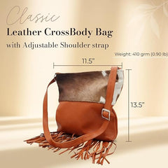 Orange Leather Bag For Women – Aesthetic Hair On Leather Sling Bag With Adjustable Strap – Brown and White Animal Accent – 13.5 x 11.5 Inches Crossbody Bag