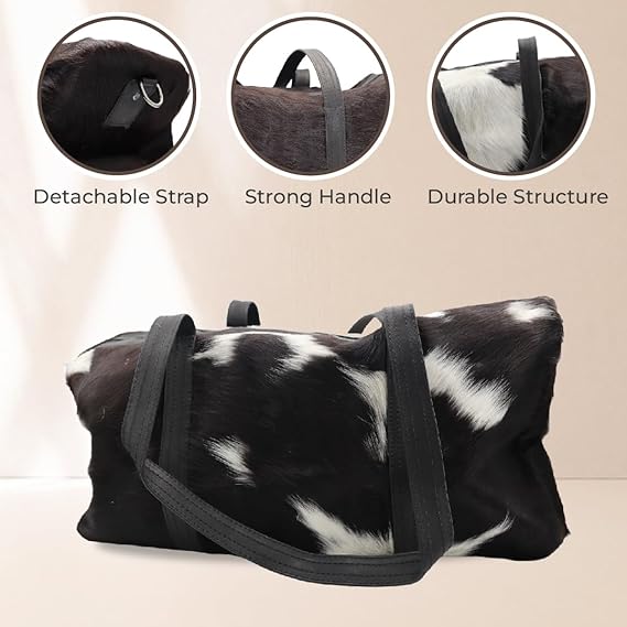 100% Original Leather ToteBag For Women – Genuine Animal Leather Tote Bag – Black White Animal Accent Design – 10 x 18 Inches Large Bag