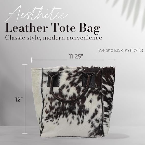 Hand Bag Leather Tote Bags For Women – Aesthetic Hand Bags For Women – Hair On Leather Tote Bag – Brown and White Animal Accent Design – 12 x 11.25 Inches Large Hand Bag