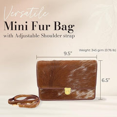Minibag Leather Bag For Women – Aesthetic Hair On Leather Bag With Long Detachable Strap – Brown and White Animal Accent Design – 6.5 x 9.5 Inches Crossbody Bag