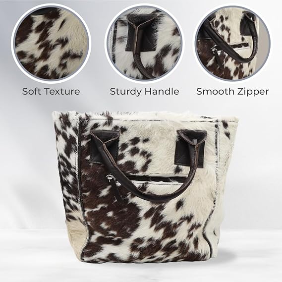 Hand Bag Leather Tote Bags For Women – Aesthetic Hand Bags For Women – Hair On Leather Tote Bag – Brown and White Animal Accent Design – 12 x 11.25 Inches Large Hand Bag