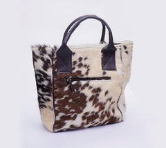 Hand Bag Leather Tote Bags For Women – Aesthetic Hand Bags For Women – Hair On Leather Tote Bag – Brown and White Animal Accent Design – 12 x 11.25 Inches Large Hand Bag