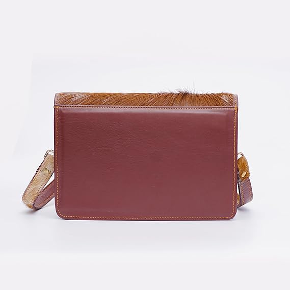 Minibag Leather Bag For Women – Aesthetic Hair On Leather Bag With Long Detachable Strap – Brown and White Animal Accent Design – 6.5 x 9.5 Inches Crossbody Bag