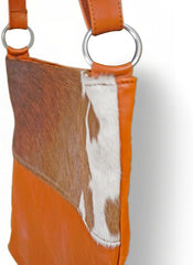 Orange Leather Bag For Women – Aesthetic Hair On Leather Sling Bag With Adjustable Strap – Brown and White Animal Accent – 13.5 x 11.5 Inches Crossbody Bag