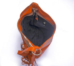 Orange Leather Bag For Women – Aesthetic Hair On Leather Sling Bag With Adjustable Strap – Brown and White Animal Accent – 13.5 x 11.5 Inches Crossbody Bag