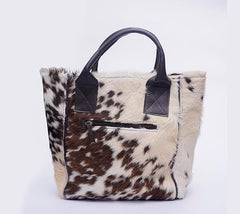 Hand Bag Leather Tote Bags For Women – Aesthetic Hand Bags For Women – Hair On Leather Tote Bag – Brown and White Animal Accent Design – 12 x 11.25 Inches Large Hand Bag