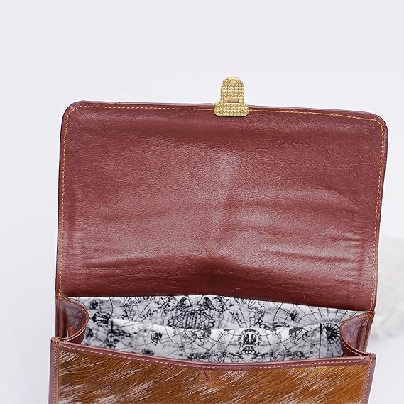 Minibag Leather Bag For Women – Aesthetic Hair On Leather Bag With Long Detachable Strap – Brown and White Animal Accent Design – 6.5 x 9.5 Inches Crossbody Bag