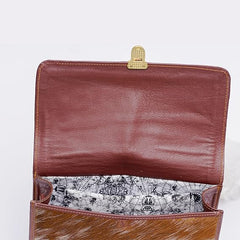 Minibag Leather Bag For Women – Aesthetic Hair On Leather Bag With Long Detachable Strap – Brown and White Animal Accent Design – 6.5 x 9.5 Inches Crossbody Bag