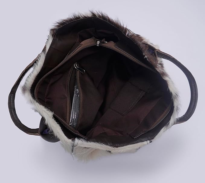Hand Bag Leather Tote Bags For Women – Aesthetic Hand Bags For Women – Hair On Leather Tote Bag – Brown and White Animal Accent Design – 12 x 11.25 Inches Large Hand Bag